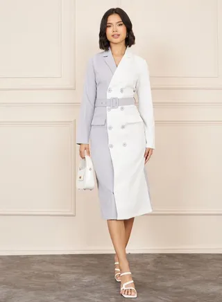 Colorblock Flap Pocket Detail Belted Blazer Midi Dress