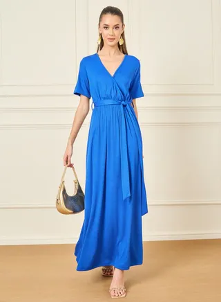 Textured V Neck A-Line Maxi Dress with Waist Tie Up 