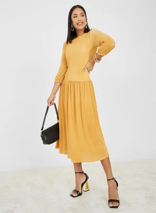 3/4 Sleeve Plisse A-Line Midi Dress