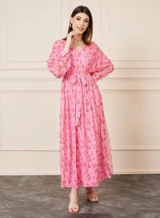 Floral Print A-Line Maxi Dress with Self Tie Up