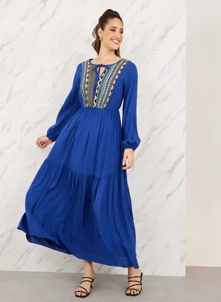 Aztec Printed Tie Up Neck Tiered Maxi Dress