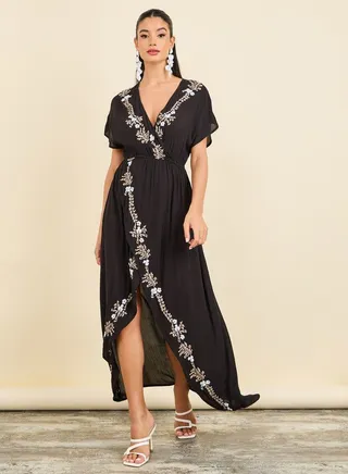 Embroidered Asymmetric Hem A-Line Midi Dress 