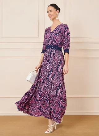 Paisley Print Lace Detail A-Line Maxi Dress 