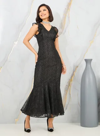 All Over Lace Ruffle Sleeves Mermaid Maxi Dress