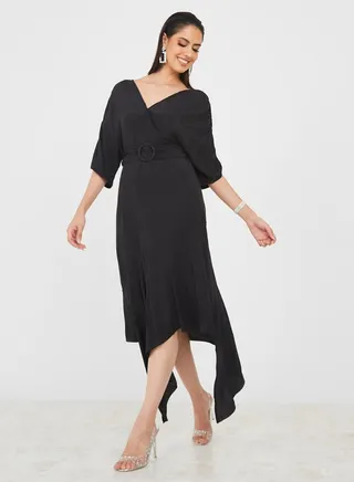 Asymmetric Hem Belted A-Line Midi Dress 