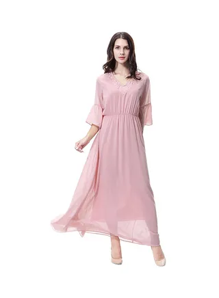 V-Neck Three-Quarter Sleeve Chiffon Dress Pink 