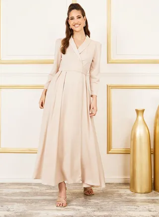 Satin Box Pleated Collared Maxi Dress