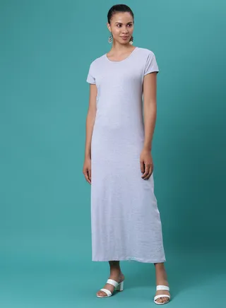 Solid Pattern Long Evening  Maxi T-Shirt Dress Oatmeal Melange 