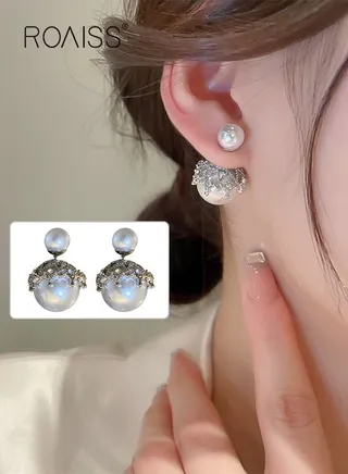 Pearl Earrings Studded Rhinestone Ins Style Earrings Fashion Design Earrings for Women Silver 