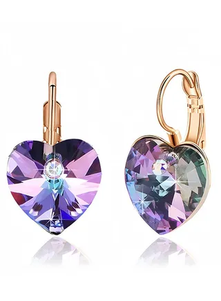 Austrian Crystal Heart Drop Leverback Earrings for Women 14K Rose Gold Plated Hypoallergenic Jewelry 
