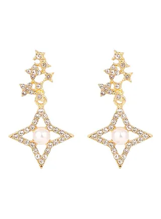 Needle Quadrangle Diamond Studded Pearl Earrings 