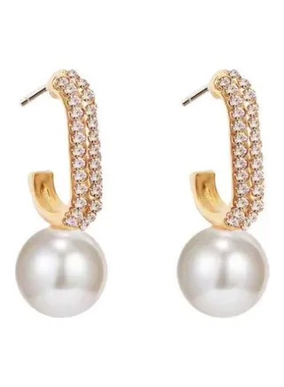 925 Sterling Silver Full Rhinestone C-Shaped Pearl Retro Stud Earrings 