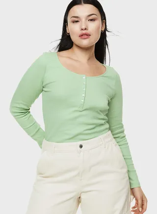 Buttoned Neck Ribbed Top