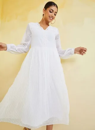 Embroidered Insert Dobby Pleated A-Line Midi Dress 