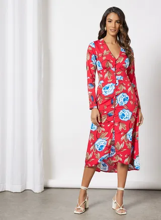 V-Neck All Over Print Front Sling Long Evening Maxi Dress Cherry Red 