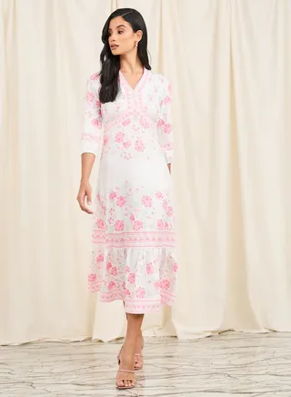 Floral Print Ruffle Hem A-Line Midi Dress