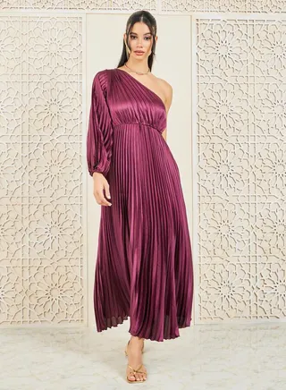 Accordion Pleat One Shoulder Neck Maxi A-Line Dress 
