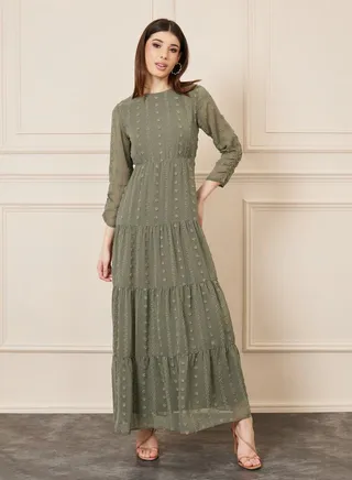 Swiss Dobby A-Line Tiered Maxi Dress 