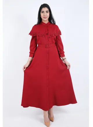 Maxi Dress with long sleeves and belt on the waist, Red 