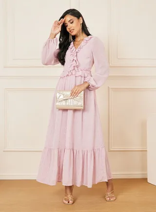 Ruffle Detail Lurex Dobby Tiered Maxi Dress