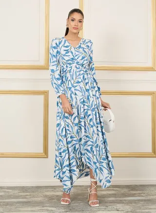 Leaf AOP Front Twist Detail A-Line Maxi Dress 