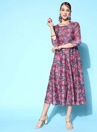 Floral All Over Print Anarkali Midi Dress 