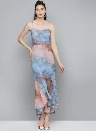 Tie and Dye Print Strappy Midi Dress 