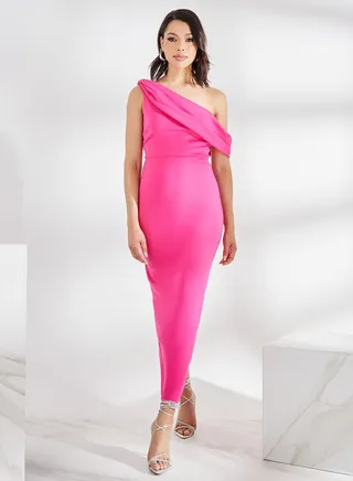 Asymmetric Neck Bodycon Maxi Dress with Back Slit 
