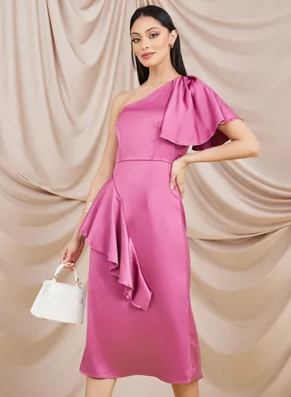 One Sleeve Frill Detail A-Line Midi Dress 