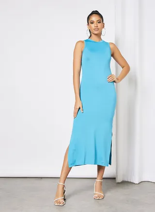 Casual Sleeveless Long Evening Maxi Dress With Side Slit 31 Steel Blue 
