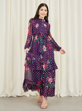 Floral Print Button Loop Closure Tiered Maxi Dress with Self Tie Up