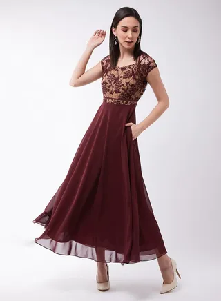 Floral Mesh Insert A-Line Maxi Dress 