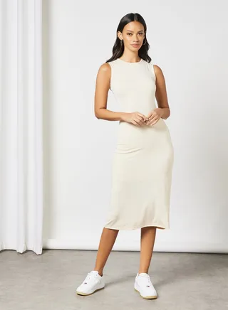 Casual Sleeveless Round Neck Long Evening Maxi Knit Dress 37 Ivory 