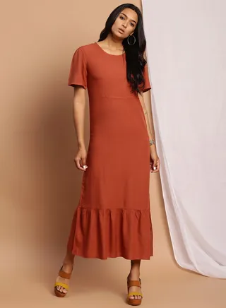 Round Neck Mini Long Evening Maxi Dress Dark Beige 
