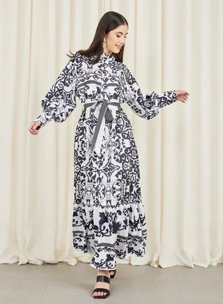Bohemian Print Self Tie Up Shirt Maxi Dress 