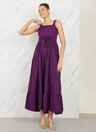 Solid Strappy Tiered Maxi Dress with Self Tie Up 
