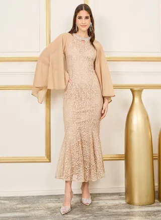 Embellished Neck Lace Detail Mermaid Dress 