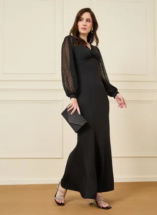 Sheer Dobby Sleeve Sheath Maxi Dress 