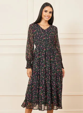 Ditsy Floral Print Smocked Waist Midi Dress 