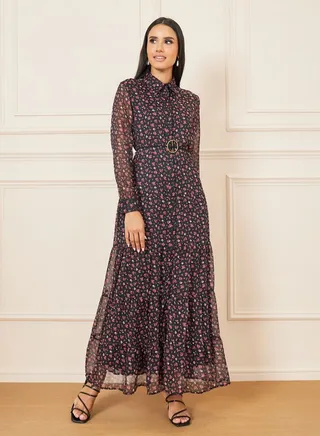 Floral Ditsy Print Collared Tiered Shirt Maxi Dress 