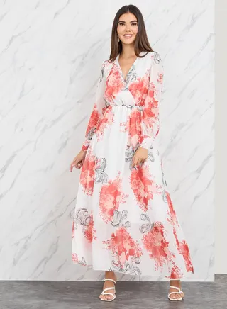 Floral Print V Neck Chiffon Maxi Dress 