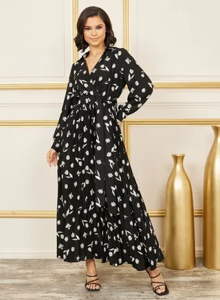 Floral Print Collared Wrap Maxi Dress