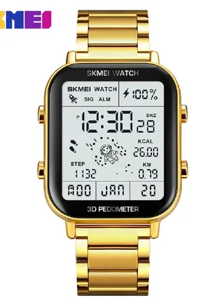 Watches For Men Stainless Steel Multi-Function Water Resistance Digital Watch 3D Pedometer Gold 1888 