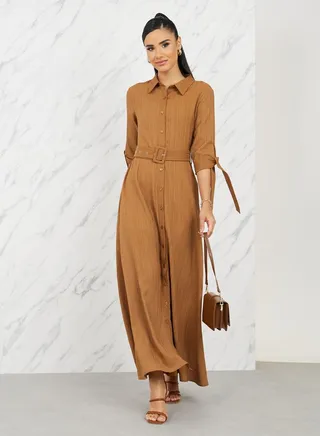 Textured Belted Shirt Maxi Dress