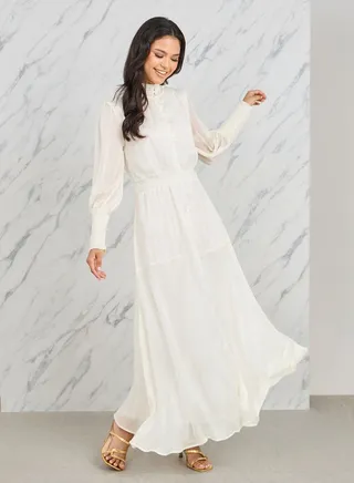 Lurex Striped High Neck Smocked Detail Tiered Maxi Dress 
