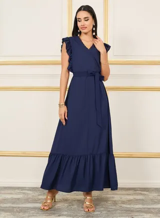 Ruffle Detail Lace Trim A-Line Maxi Dress