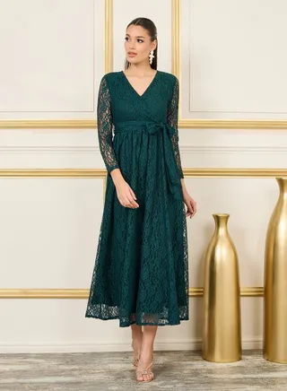 All Over Lace Self Tie Up Wrap Midi Dress 
