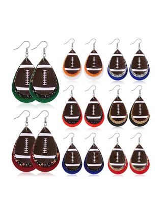 Football Leather Earrings for Women, Sport Lover Teardrop Ball Faux Leather Dangle Earrings, Soccer Basketball Earrings, 3 Layer Glitter Football Earrings for Women, Rugby Style, 8 Pairs 