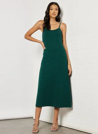 Women's Casual Yarn Dyed Ribbed Striped Design Long Evening Maxi Straps Knit Dress Green/Black 