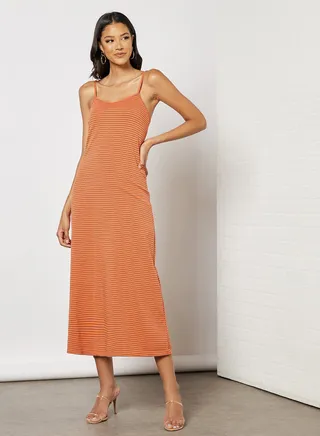 Women's Casual Yarn Dyed Ribbed Striped Design Long Evening Maxi Straps Knit Dress Orange/Blue 